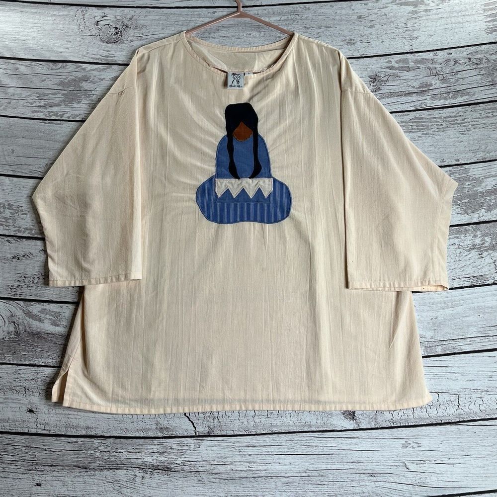 Alfredo's Wife Southwestern Appliqué Top Large 3/4 Sleeve Cream‎